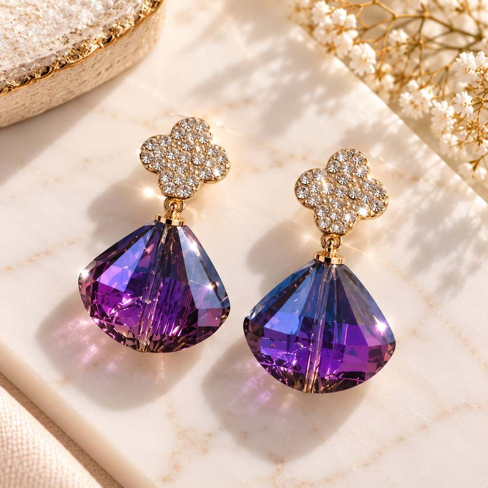 Purple Crystal Drop Earrings Rhinestone Clover Gold Tone Statement Jewelry
